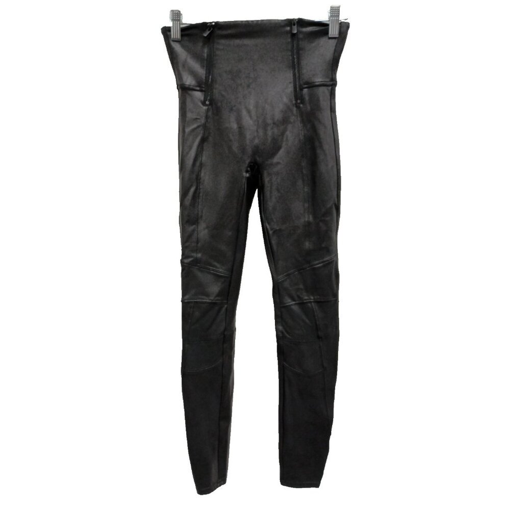 Spanx By Sara Blakely Leggings Pants Womens Medium Black Faux Leather Hip Zip